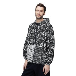 Black & White Botanical Windbreaker Jacket – Monstera Leaf Pattern AOP